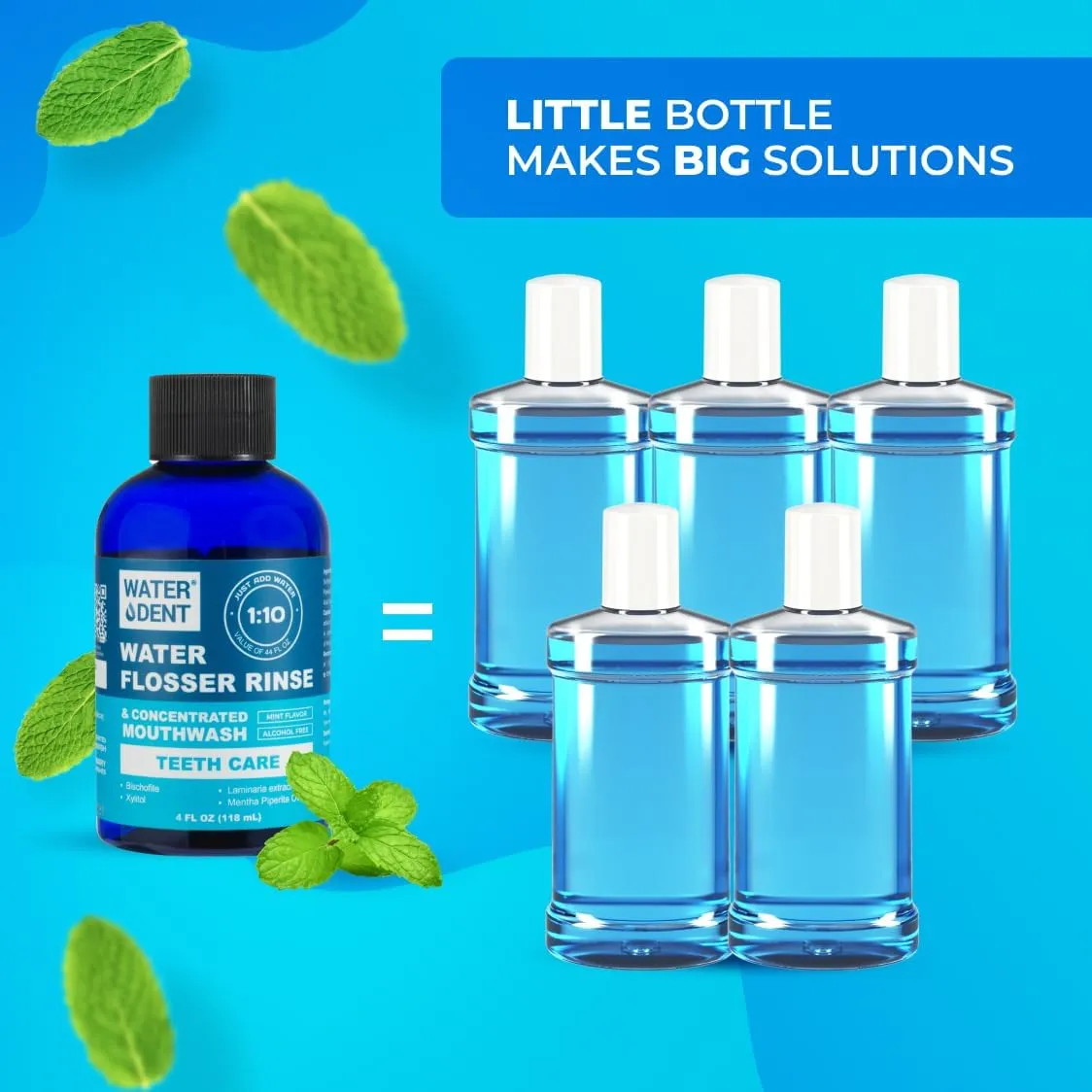 | Water Flosser Rinse, IRRIGANT, Concentrate Mouthwash | When dilluted1:10 = 44 fl.oz, Travel Size, Add to Oral irrigator, Mint Flavor, Alcohol & Fluoride Free. Made in USA | 4 fl.oz