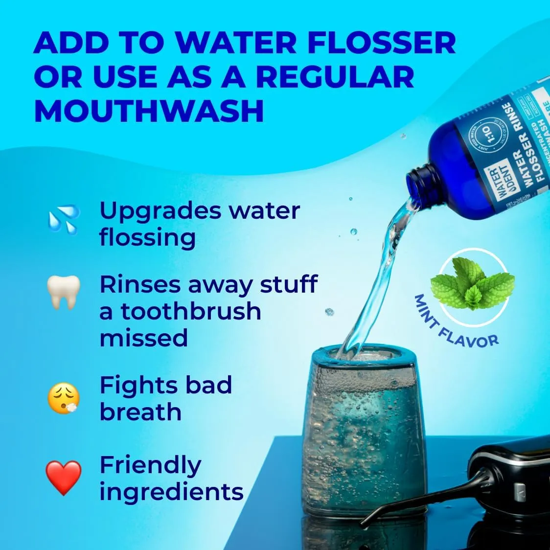 | Water Flosser Rinse, IRRIGANT, Concentrate Mouthwash | When dilluted1:10 = 44 fl.oz, Travel Size, Add to Oral irrigator, Mint Flavor, Alcohol & Fluoride Free. Made in USA | 4 fl.oz