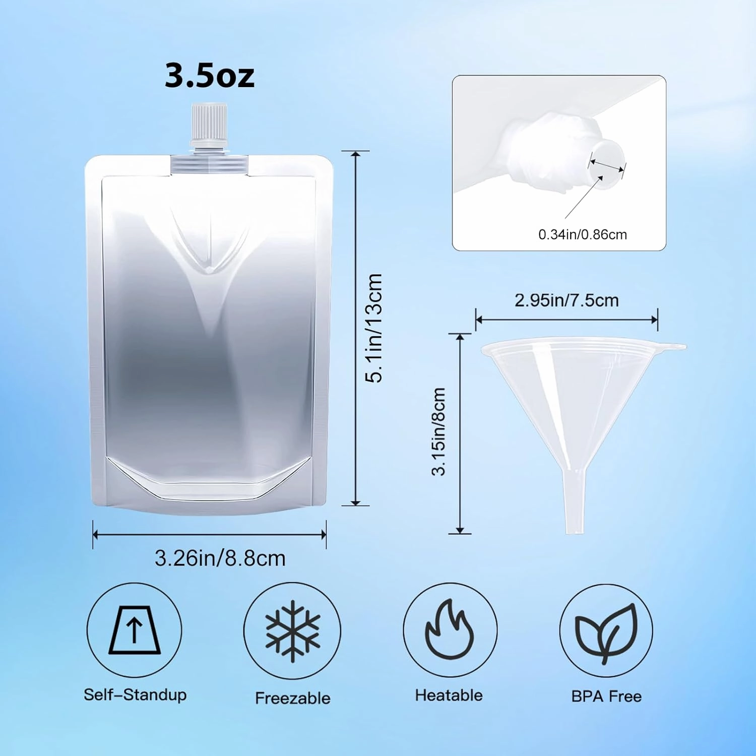 100PCS 3.5OZ Plastic Flasks with Spout, Clear and Reusable Drinking Bags with Funnel for Beverage,Leak-Proof Food Grade Drink Liquid Pouches for Travel Outdoor Sports Concert Cruise Events