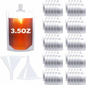100PCS 3.5OZ Plastic Flasks with Spout, Clear and Reusable Drinking Bags with Funnel for Beverage,Leak-Proof Food Grade Drink Liquid Pouches for Travel Outdoor Sports Concert Cruise Events