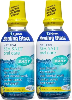 2 Pack H2Ocean Healing Rinse Mouthwash- Great Tasting Sea Salt & Xylitol Mouth Wash for Fresh Breath & Dry Mouth - Alcohol & Fluoride Free - Lemon Ice 16oz