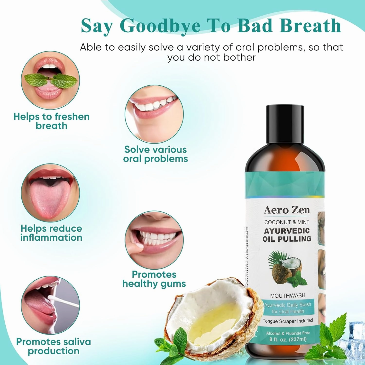 2-Pack Coconut Oil Pulling Mouthwash with Peppermint - Alcohol-Free Oral Care - Fresh Breath Solution - Organic Essential Oils Formula with Tongue Scraper - Gum Health Treatment - 237ML