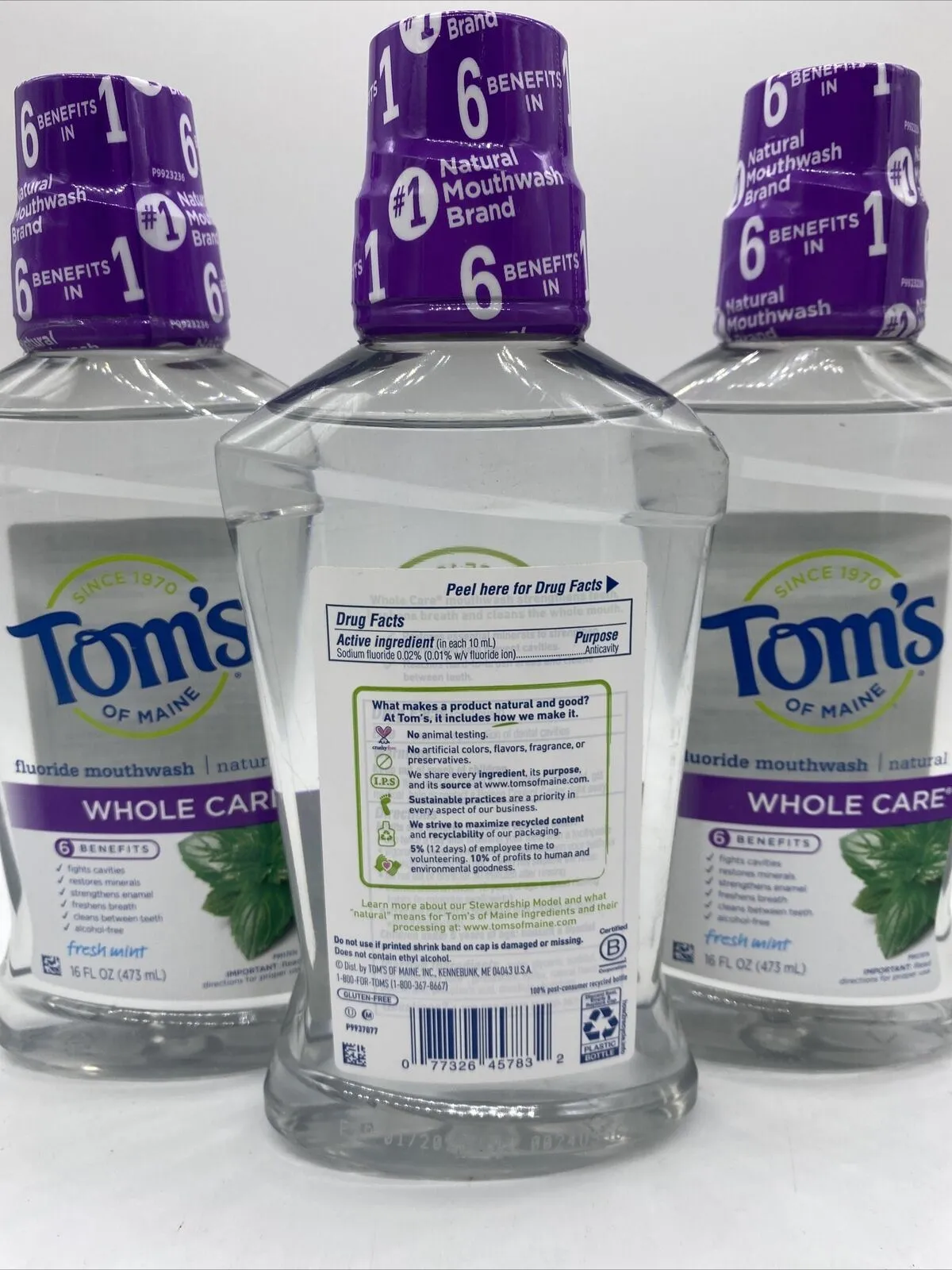 (3) Tom's of Maine Whole Care Fluoride ￼Mouthwash Fresh Mint  ￼16 fl oz 1/22