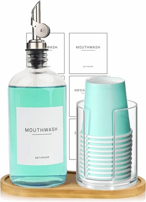 480ml/16.23 Oz Glass Pump Dispenser for Mouthwash With Disposable Cups Holder, Pour Spout Refillable Clear Container, Bamboo Tray, and Labels