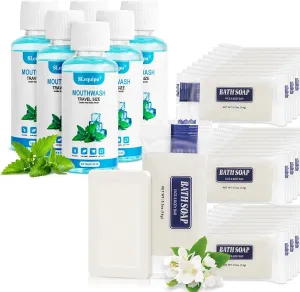50 Pack 0.5 oz Mini Soap Bars Bulk Individually Wrapped with 50 Pcs 1.2oz/35ml Mouthwash Bottles for Travel Toiletry Kits
