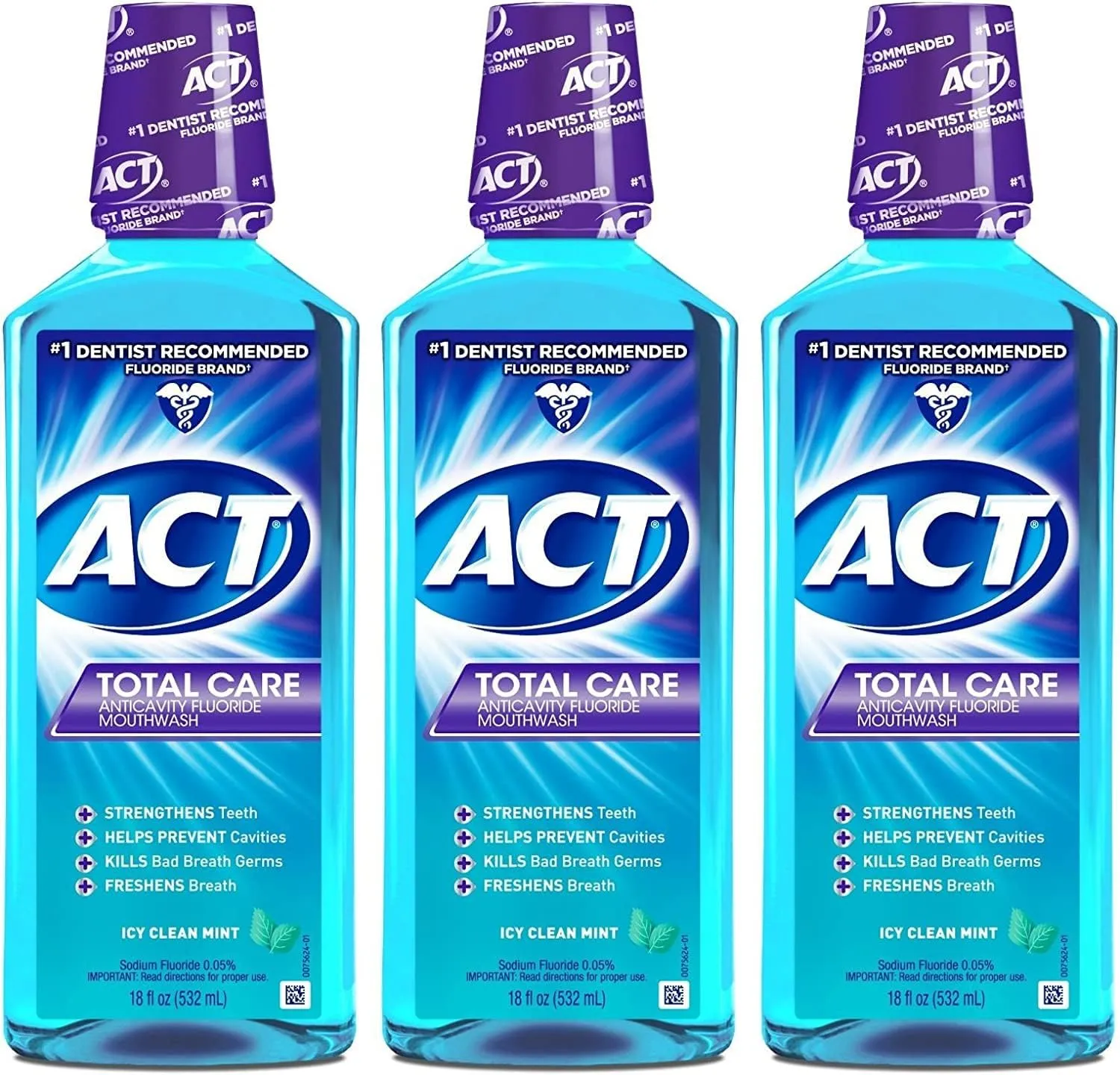 ACT Total Care Anticavity Fluoride Mouthwash ICY Clean Mint 18 oz (Pack of 4)