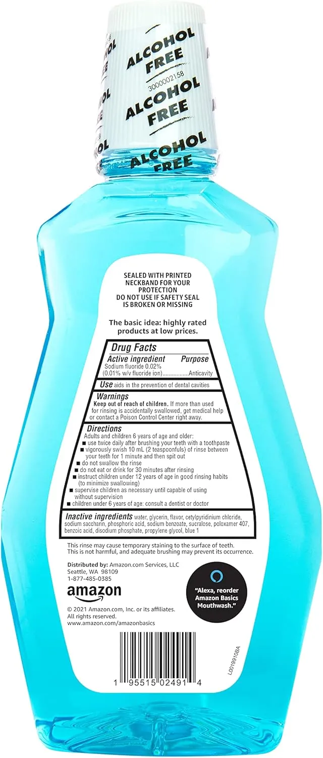 Amazon Basics Anticavity Fluoride Mouthwash, Alcohol Free, Refreshing Mint, 1 Liter, 4-Pack