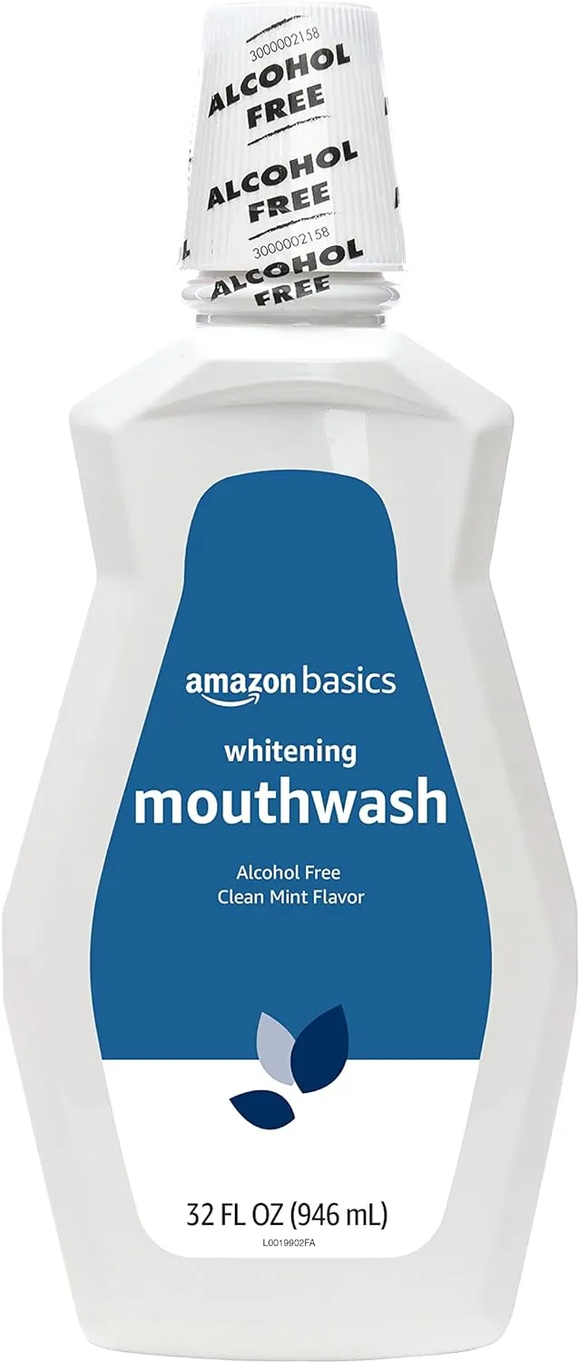 Amazon Basics Teeth Whitening Mouthwash, Alcohol-Free, Clean Mint, 32 Fluid Ounces, 4-Pack, Previously Solimo