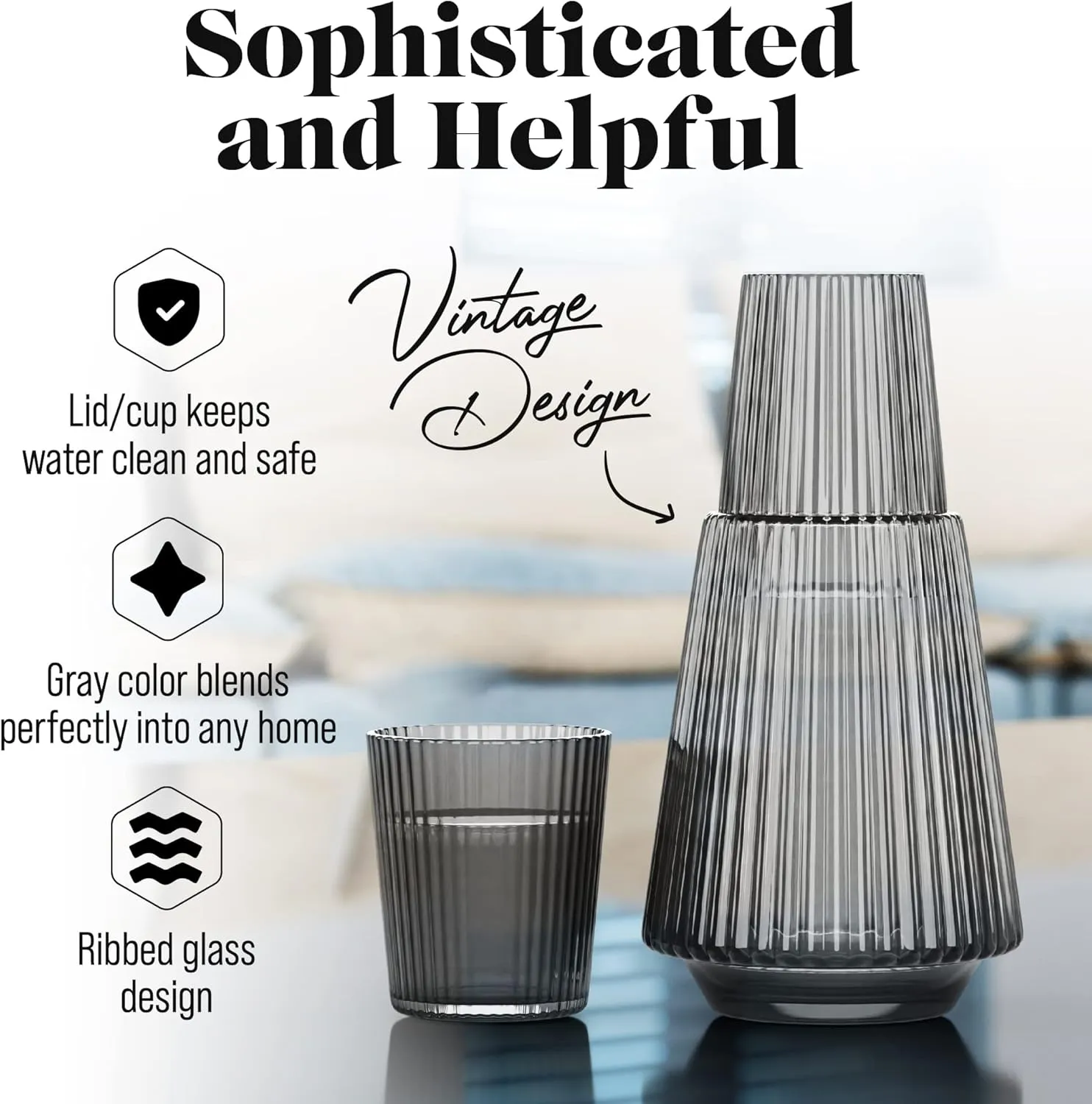 American Atelier Vintage Bedside Water Carafe with Tumbler – 37 Oz Ribbed Pitcher and Matching Drinking Glass Doubles as Lid for Guest Room, Office, or Gift, 4.5”x 9.25" (Gray)