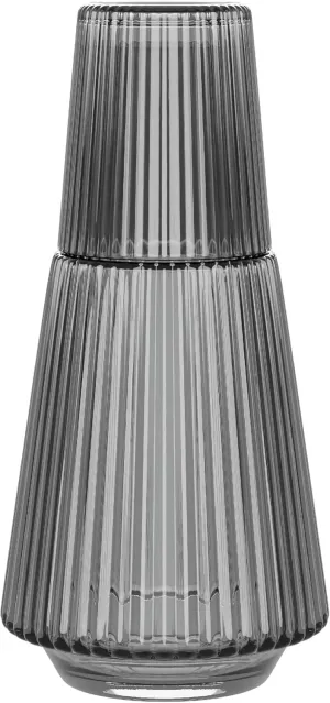 American Atelier Vintage Bedside Water Carafe with Tumbler – 37 Oz Ribbed Pitcher and Matching Drinking Glass Doubles as Lid for Guest Room, Office, or Gift, 4.5”x 9.25" (Gray)
