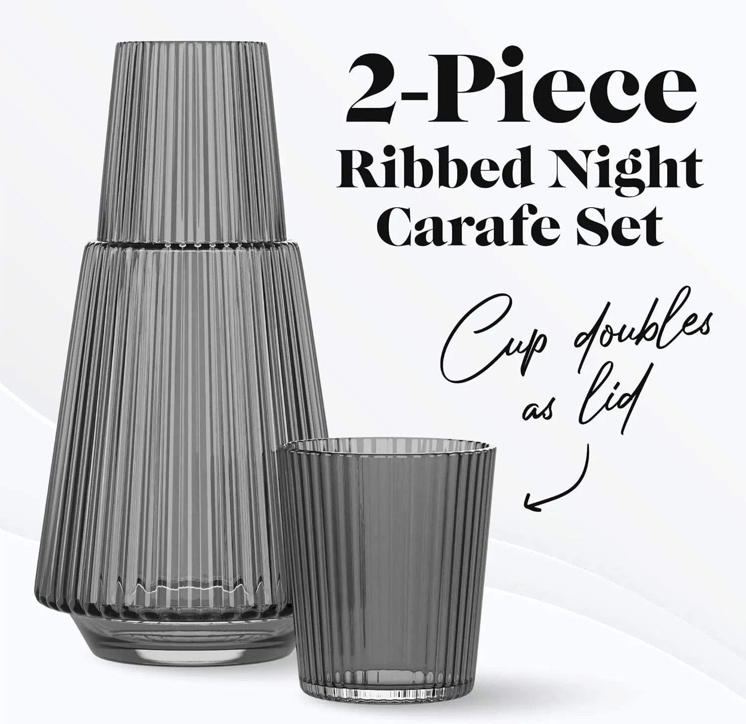 American Atelier Vintage Bedside Water Carafe with Tumbler – 37 Oz Ribbed Pitcher and Matching Drinking Glass Doubles as Lid for Guest Room, Office, or Gift, 4.5”x 9.25" (Gray)