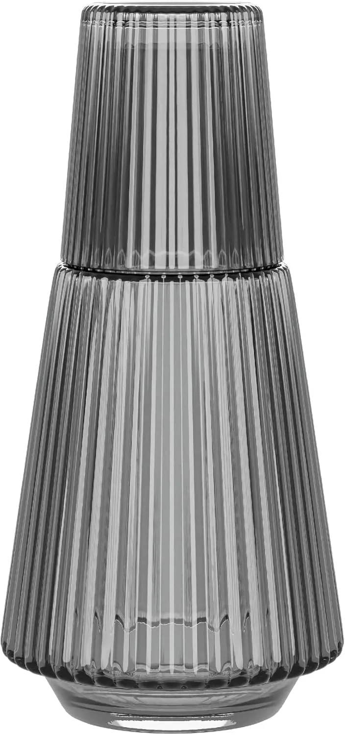 American Atelier Vintage Bedside Water Carafe with Tumbler – 37 Oz Ribbed Pitcher and Matching Drinking Glass Doubles as Lid for Guest Room, Office, or Gift, 4.5”x 9.25" (Gray)