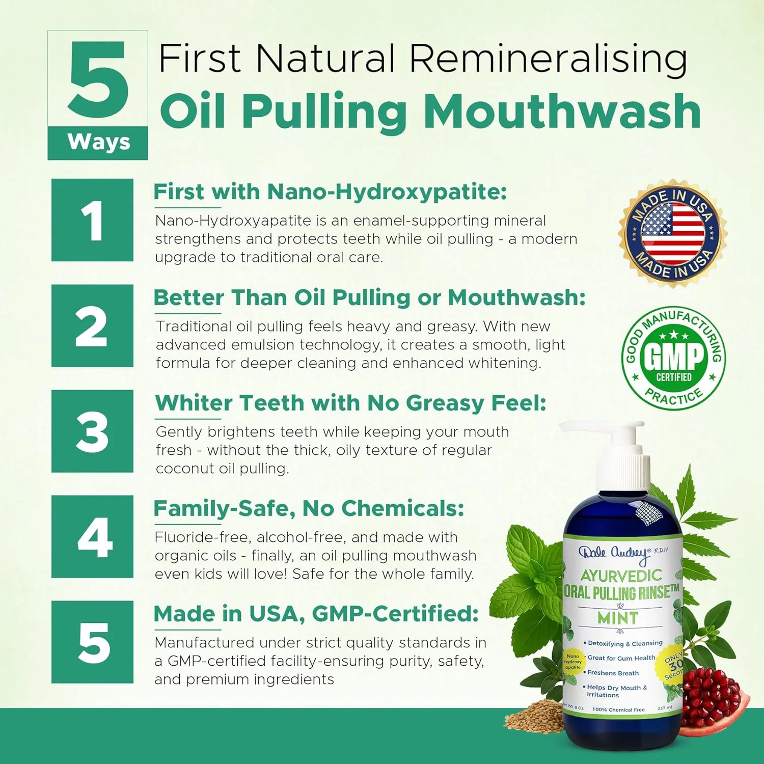 Ayurvedic Nano Hydroxyapatite Oil Pulling for Teeth and Gum | Refreshing Cinnamon and Mint Flavored Organic Mouthwash Oral Rinse | Teeth Whitening Mouthwash for Fresh Breath (Mint, 8 oz)