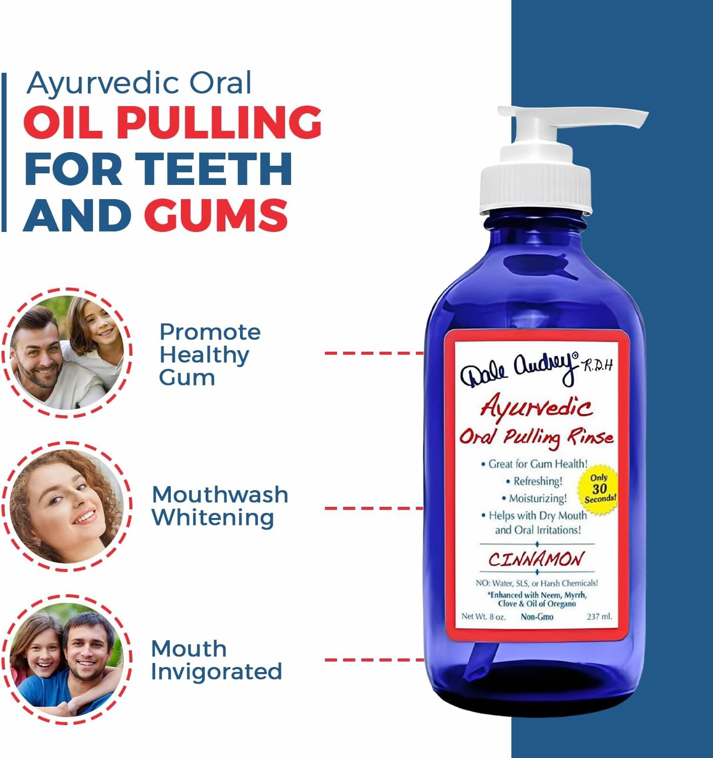 Ayurvedic Oil Pulling for Teeth and Gums | Organic Cinnamon Flavored Oral Rinse Mouthwash | Natural Essential Oils | Cobalt Glass Bottle Pump for Teeth Whitening and Fresh Breath-8 FL Oz
