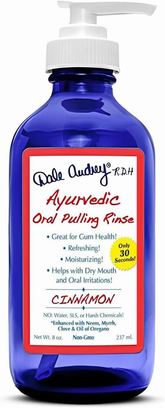 Ayurvedic Oil Pulling for Teeth and Gums | Organic Cinnamon Flavored Oral Rinse Mouthwash | Natural Essential Oils | Cobalt Glass Bottle Pump for Teeth Whitening and Fresh Breath-8 FL Oz