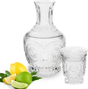 Bedside Water Carafe and glass set, Vintage mini carafe with small glass cup that acts as a lid, hand blown artisan piece, perfect for night table decor with pretty hand pressed design.