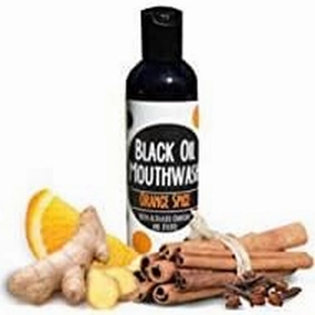 Black Oil Mouthwash, Sweet Orange Cinnamon Spice, Coconut   Sesame   Avocado Oil Super Blend, 4 oz, Activated Charcoal & Xylitol for Oil Pulling. Whitening, Dry Mouth & remineralization