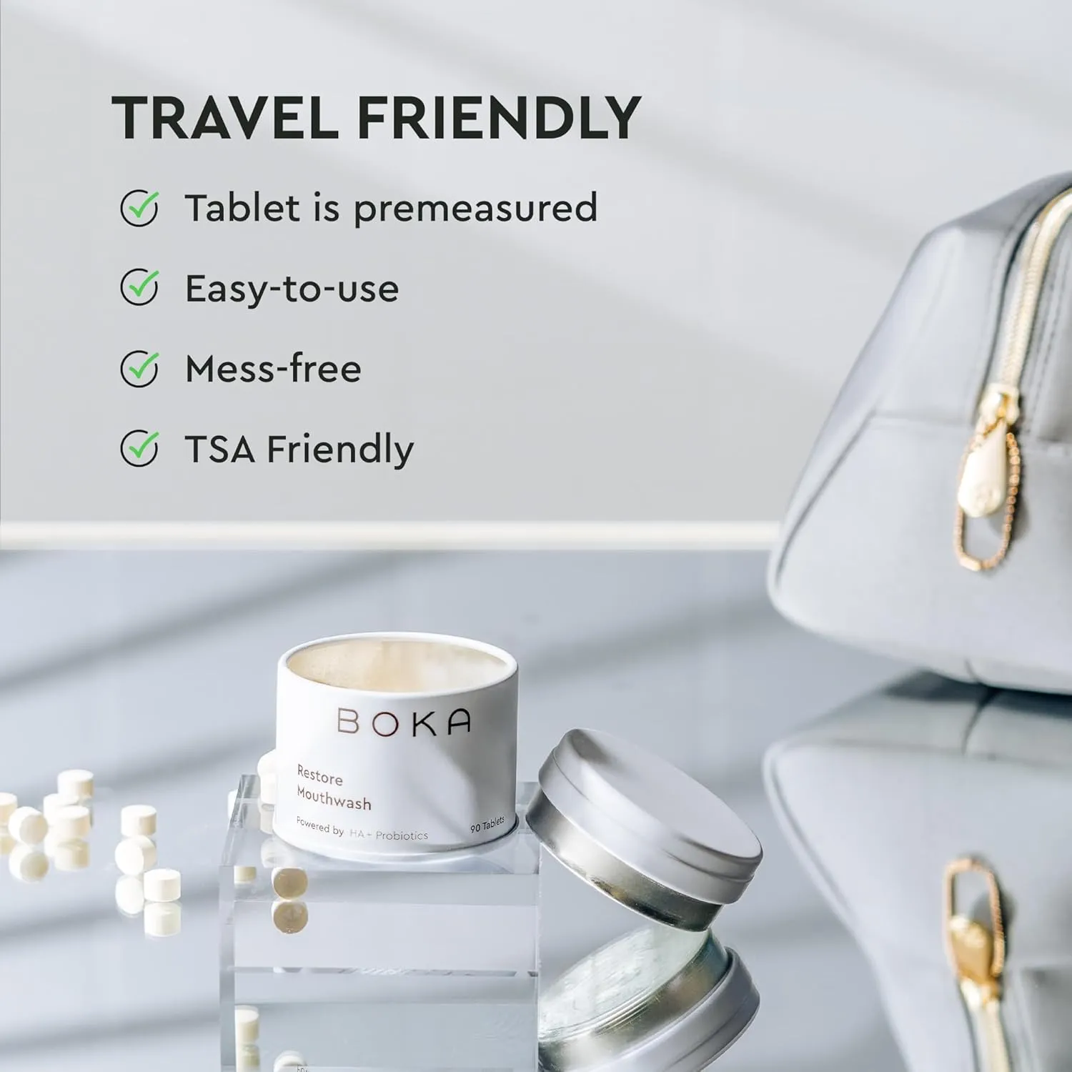Boka Travel Size Mouthwash Tablets - Hydroxyapatite, Fluoride Free & Alcohol Free - Chewable Tablets to Freshen Breath, Kill Odor Quickly & Helps Remineralize Teeth - (90 Pcs, Mint)