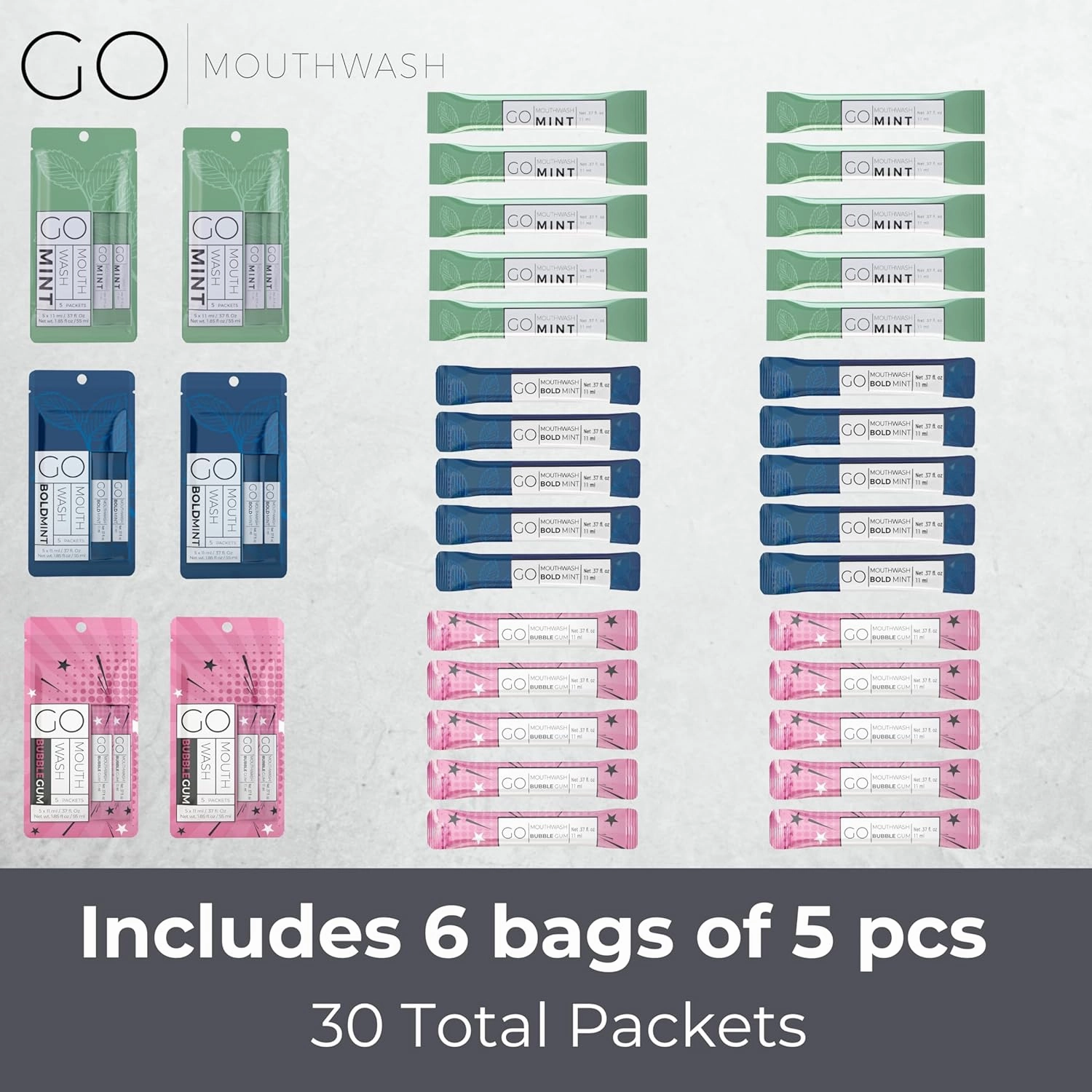Bold Mint GO Travel Size Mouthwash Packets - Bulk Individual Mini Mouthwash Packets - Perfect Travel Size Toiletries for Guest Bathrooms - Alternative to Breath Strips and Spray, Alcohol and Dye Free