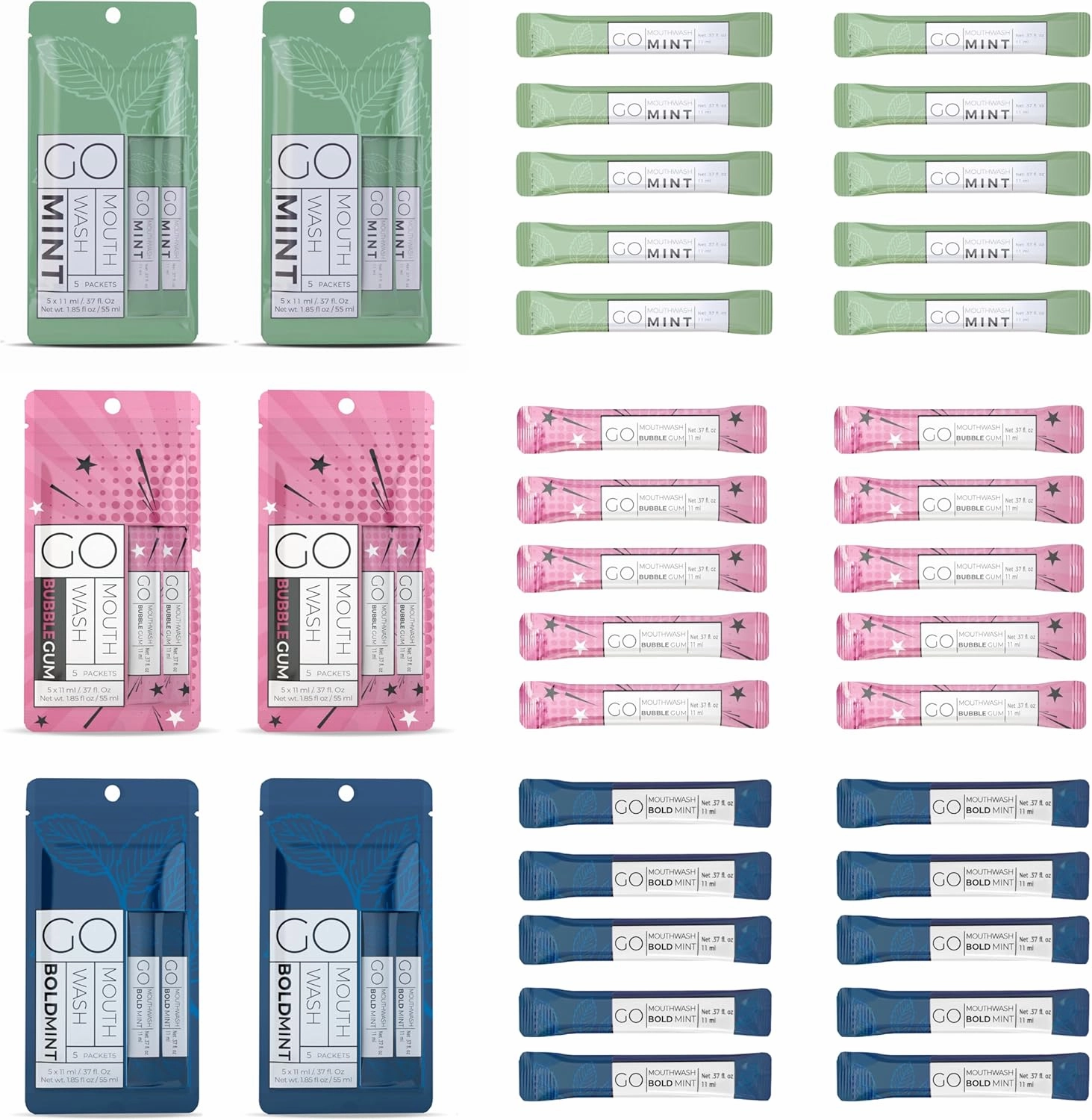 Bold Mint GO Travel Size Mouthwash Packets - Bulk Individual Mini Mouthwash Packets - Perfect Travel Size Toiletries for Guest Bathrooms - Alternative to Breath Strips and Spray, Alcohol and Dye Free