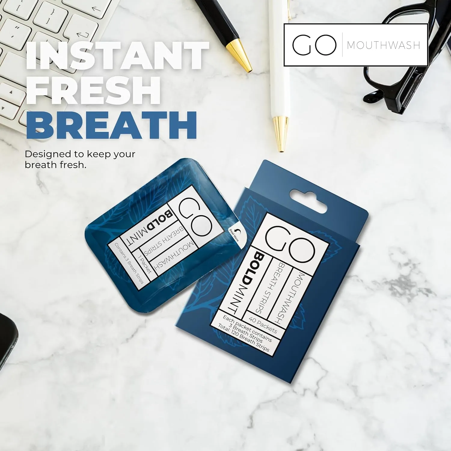 Breath Strips for Bad Breath by Go Mouthwash- Indivivual Packets containing 3 BOLD Mint Strips - Alternative to Breath Mints, Travel Mouthwash, Breath Spray, and other Fresheners - Perfect on the GO