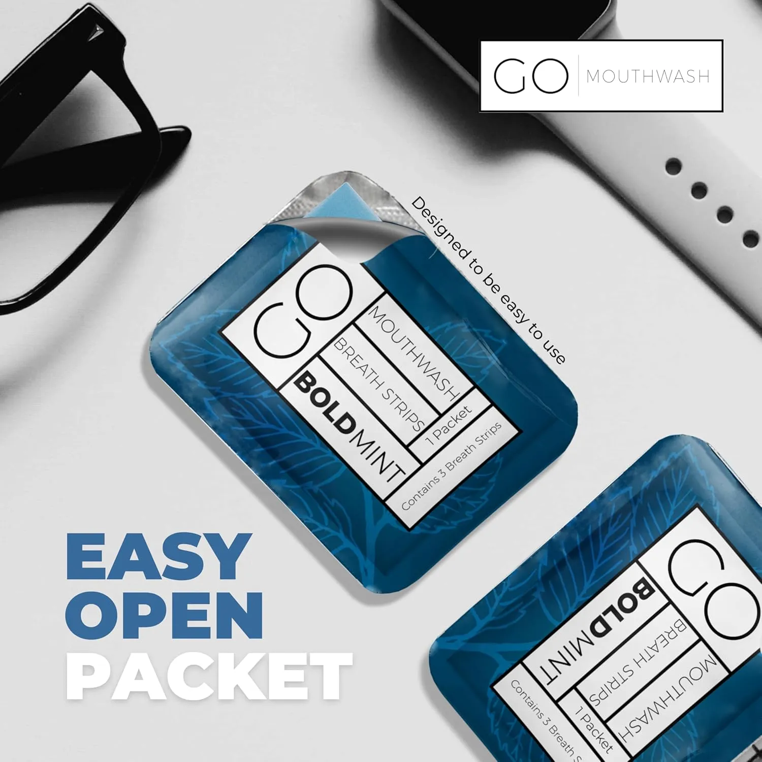 Breath Strips for Bad Breath by Go Mouthwash- Indivivual Packets containing 3 BOLD Mint Strips - Alternative to Breath Mints, Travel Mouthwash, Breath Spray, and other Fresheners - Perfect on the GO