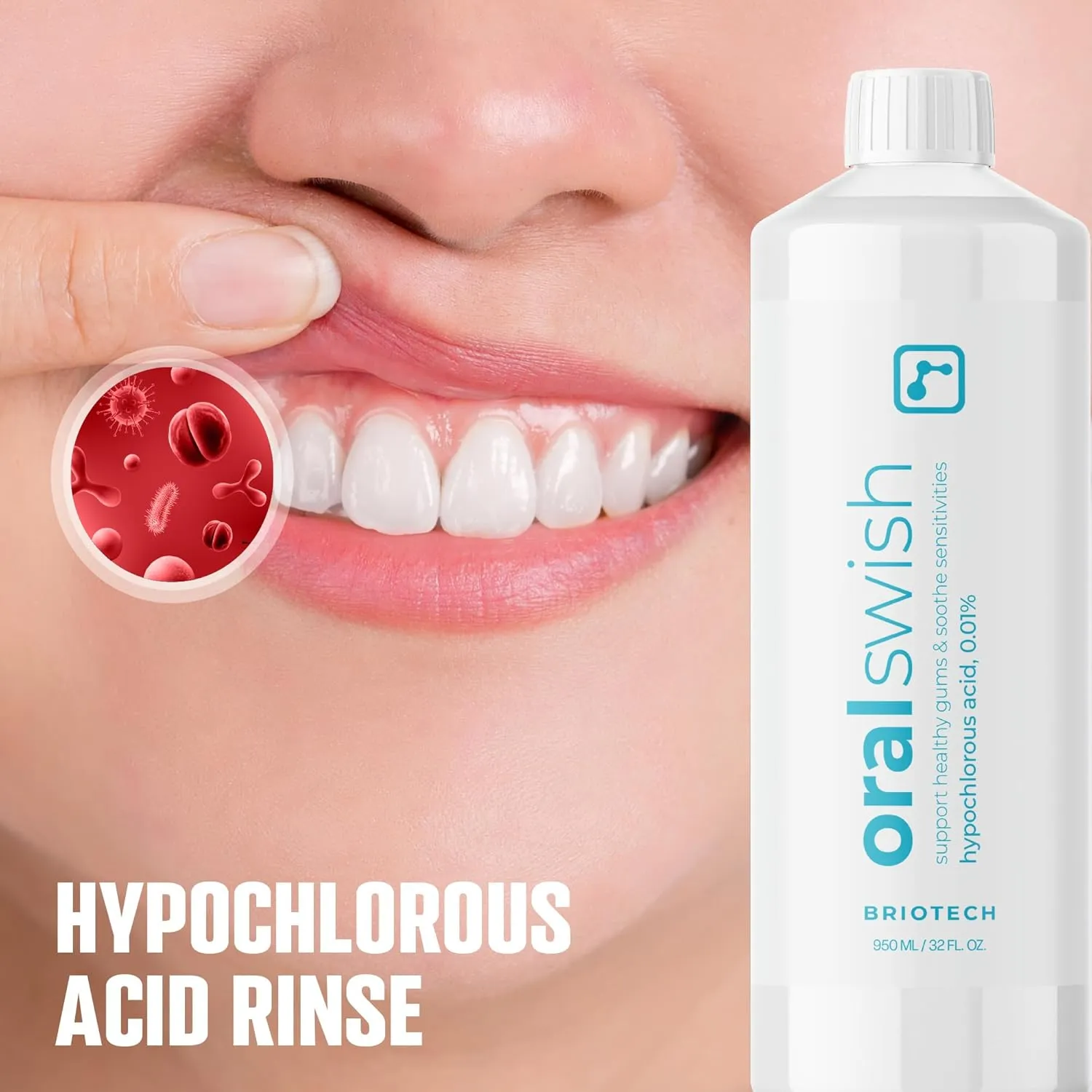 BRIOTECH Oral Swish, Hypochlorous Acid Mouthwash Rinse, Gentle Oral Care Hygiene, Fight Bad Breath, Support Against Plaque, Gum Irritation & Tender Gums, Alcohol & Fluoride Free, 17 fl oz