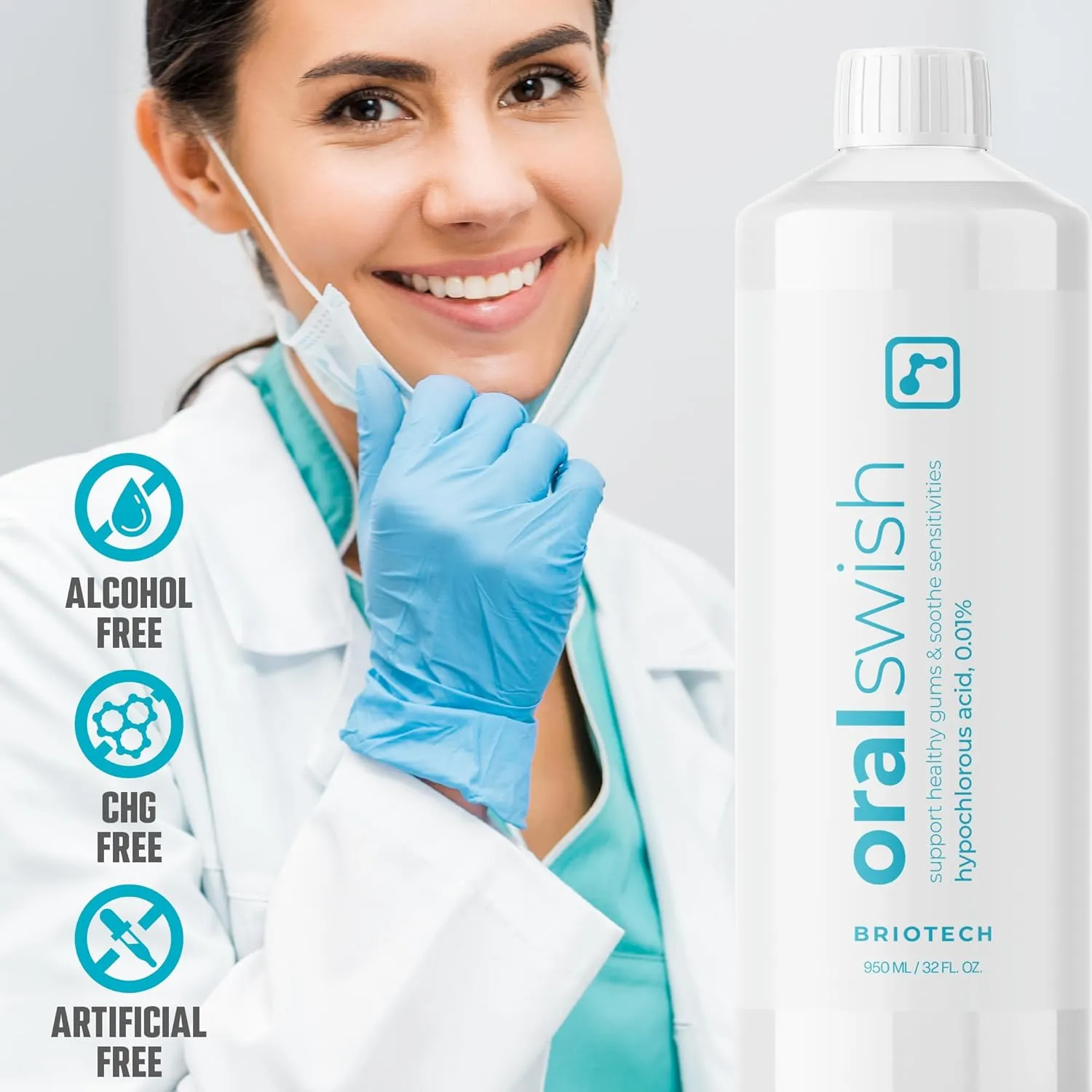 BRIOTECH Oral Swish, Hypochlorous Acid Mouthwash Rinse, Gentle Oral Care Hygiene, Fight Bad Breath, Support Against Plaque, Gum Irritation & Tender Gums, Alcohol & Fluoride Free, 17 fl oz