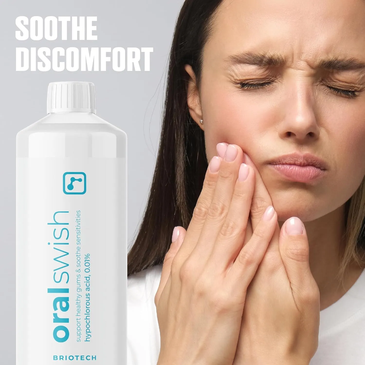 BRIOTECH Oral Swish, Hypochlorous Acid Mouthwash Rinse, Gentle Oral Care Hygiene, Fight Bad Breath, Support Against Plaque, Gum Irritation & Tender Gums, Alcohol & Fluoride Free, 17 fl oz