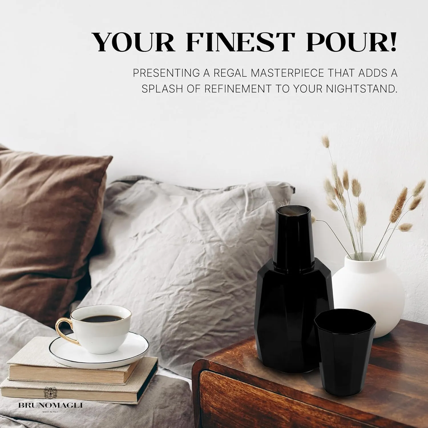 Bruno Magli Geo Black Carafe | 2-Pc Set | Drinking Glass Tumbler Doubles as a Lid | Elegant Nightstand Water Pitcher with Matching Cup for Office, Home, & Guest Room Décor | Gift Boxed | 37-Oz