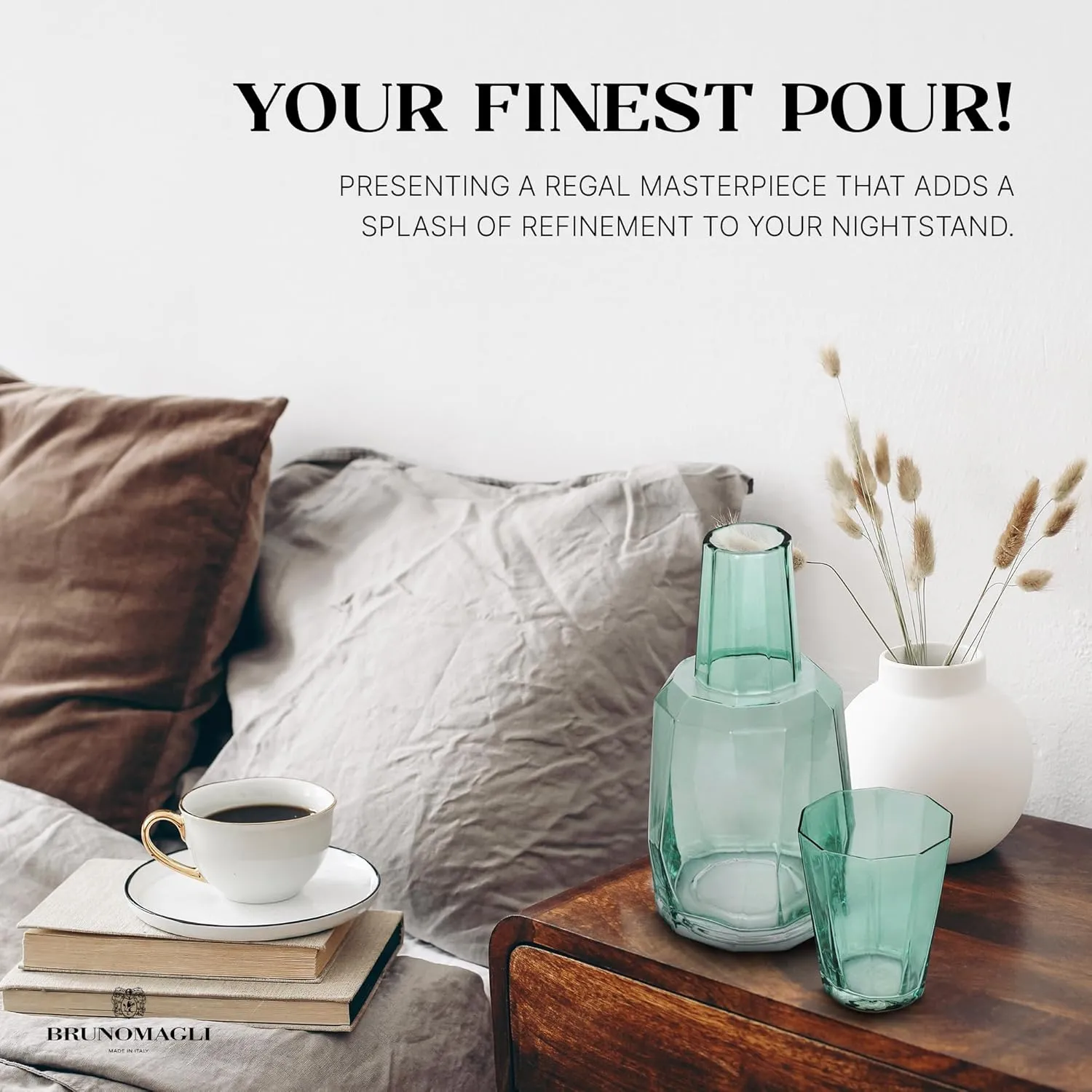 Bruno Magli Green Geo Carafe | 2-Pc Set | Drinking Glass Tumbler Doubles as a Lid | Elegant Nightstand Water Pitcher with Matching Cup for Office, Home, & Guest Room Décor | Gift Boxed | 37.2-Oz