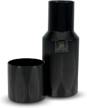 Bruno Magli Ribbed Carafe | 2-Pc Set | Drinking Glass Tumbler Doubles as a Lid | Elegant Nightstand Water Pitcher with Matching Cup for Office, Home, & Guest Room Décor | Gift Boxed (Black)