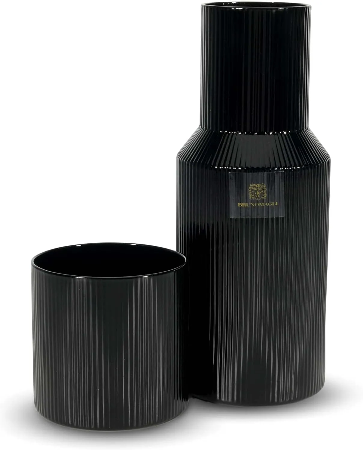 Bruno Magli Ribbed Carafe | 2-Pc Set | Drinking Glass Tumbler Doubles as a Lid | Elegant Nightstand Water Pitcher with Matching Cup for Office, Home, & Guest Room Décor | Gift Boxed (Black)
