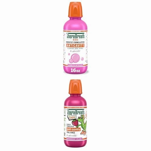 Bundle of TheraBreath Kids Anticavity Fluoride Oral Rinse, Certified Organic Bubblegum Blast Flavor, 16 Fl oz   Organic Strawberry Splash, Anticavity, Dentist Formulated, 16 Fl Oz