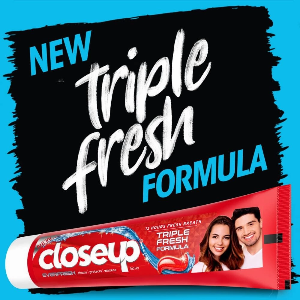 CLOSE UP Triple Fresh Gel Toothpaste, for 12 hours fresh breath, Red Hot Flavor, With antibacterial mouthwash & microshine crystals, 75ml x 4