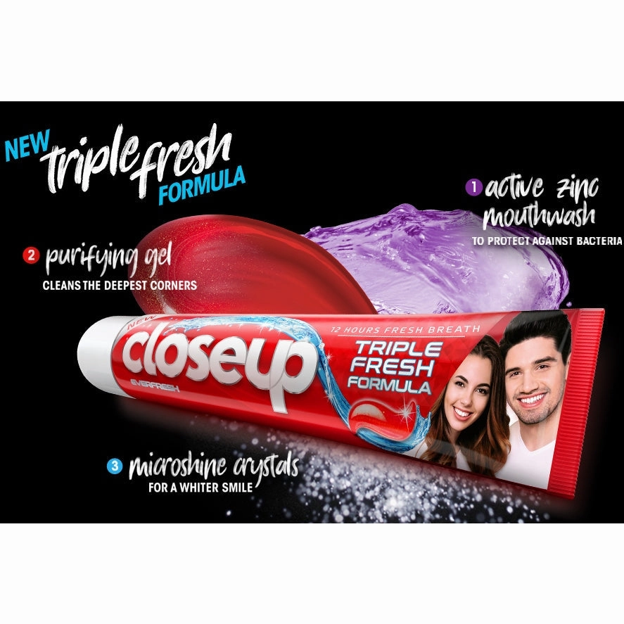CLOSE UP Triple Fresh Gel Toothpaste, for 12 hours fresh breath, Red Hot Flavor, With antibacterial mouthwash & microshine crystals, 75ml x 4