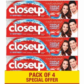 CLOSE UP Triple Fresh Gel Toothpaste, for 12 hours fresh breath, Red Hot Flavor, With antibacterial mouthwash & microshine crystals, 75ml x 4
