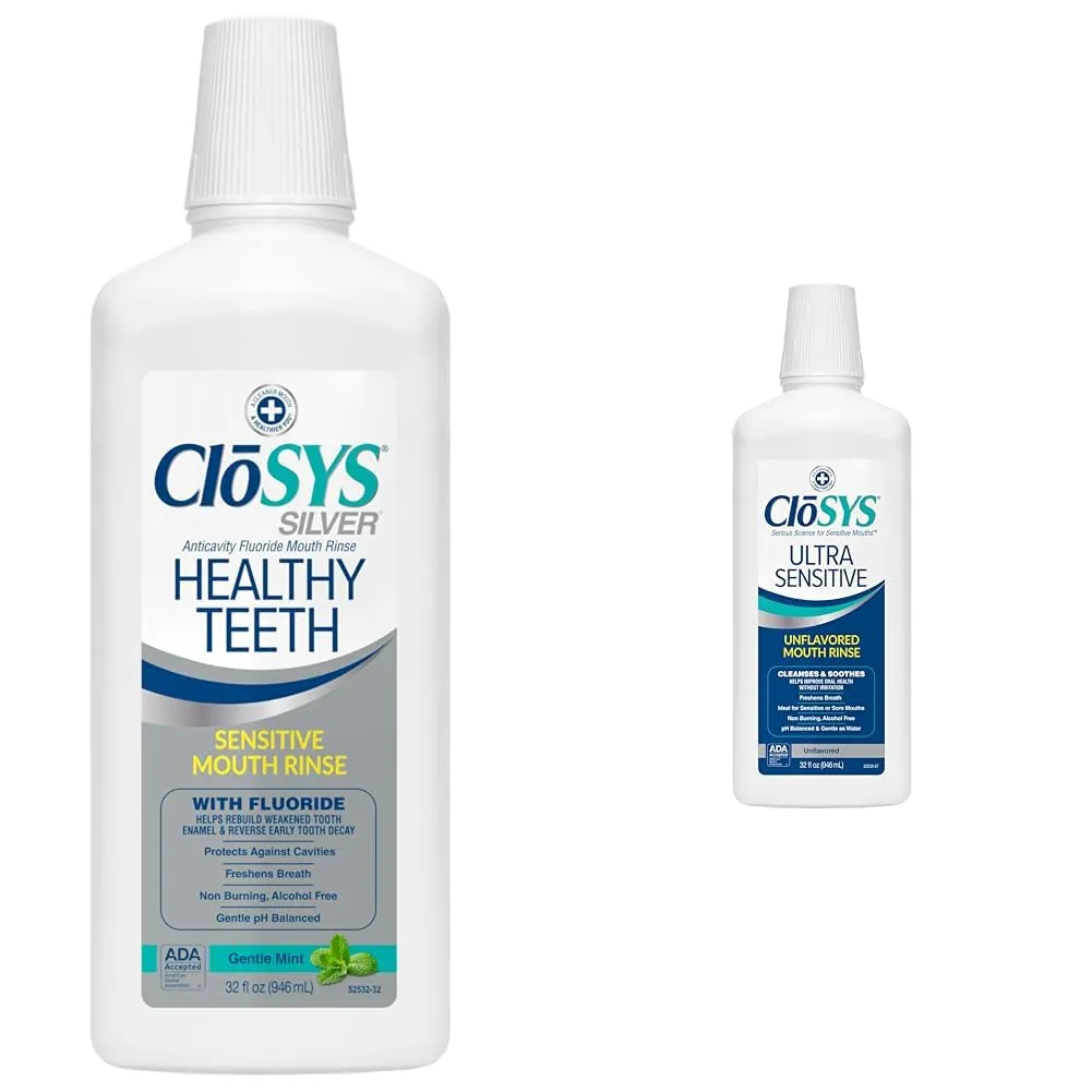 CloSYS 32 Oz Healthy Teeth & Ultra Sensitive Unflavored Mouthwashes with Flavor Dropper