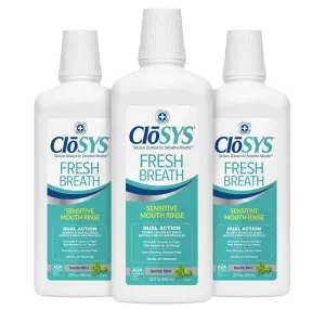 CloSYS Fresh Breath Sensitive Mouthwash, Gentle Mint, Alcohol Free, Dye Free, pH Balanced, Helps Soothe Entire Mouth, Fights Bad Breath - 32 Oz (Pack of 3)