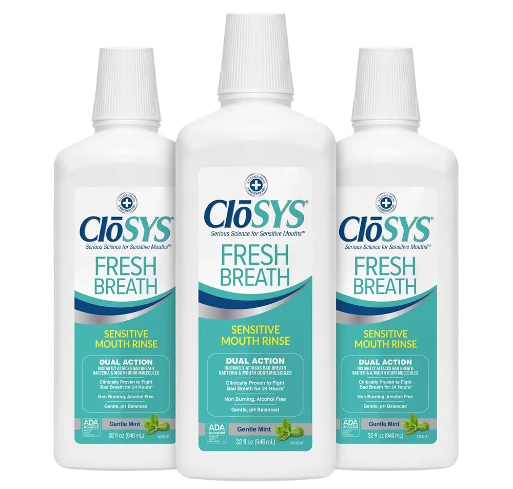 CloSYS Fresh Breath Sensitive Mouthwash, Gentle Mint, Alcohol Free, Dye Free, pH Balanced, Helps Soothe Entire Mouth, Fights Bad Breath - 32 Oz (Pack of 3)