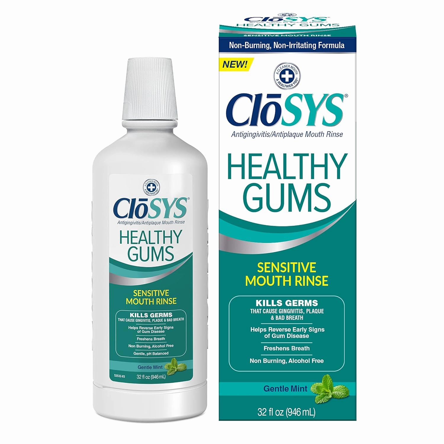 CloSYS Healthy Gums Oral Rinse Mouthwash - 32 Fl Oz & Sensitive Mouthwash, 32 Ounce, Gentle Mint, Alcohol Free, Dye Free, pH Balanced
