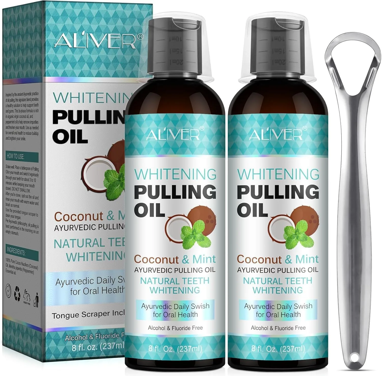 Coconut Oil Pulling for Fresh Breath and Oral Hygiene - Ayurvedic Expert Formulated | Supports Healthy Gums | Natural - Includes Tongue Scraper and Measuring Cup - 16 oz
