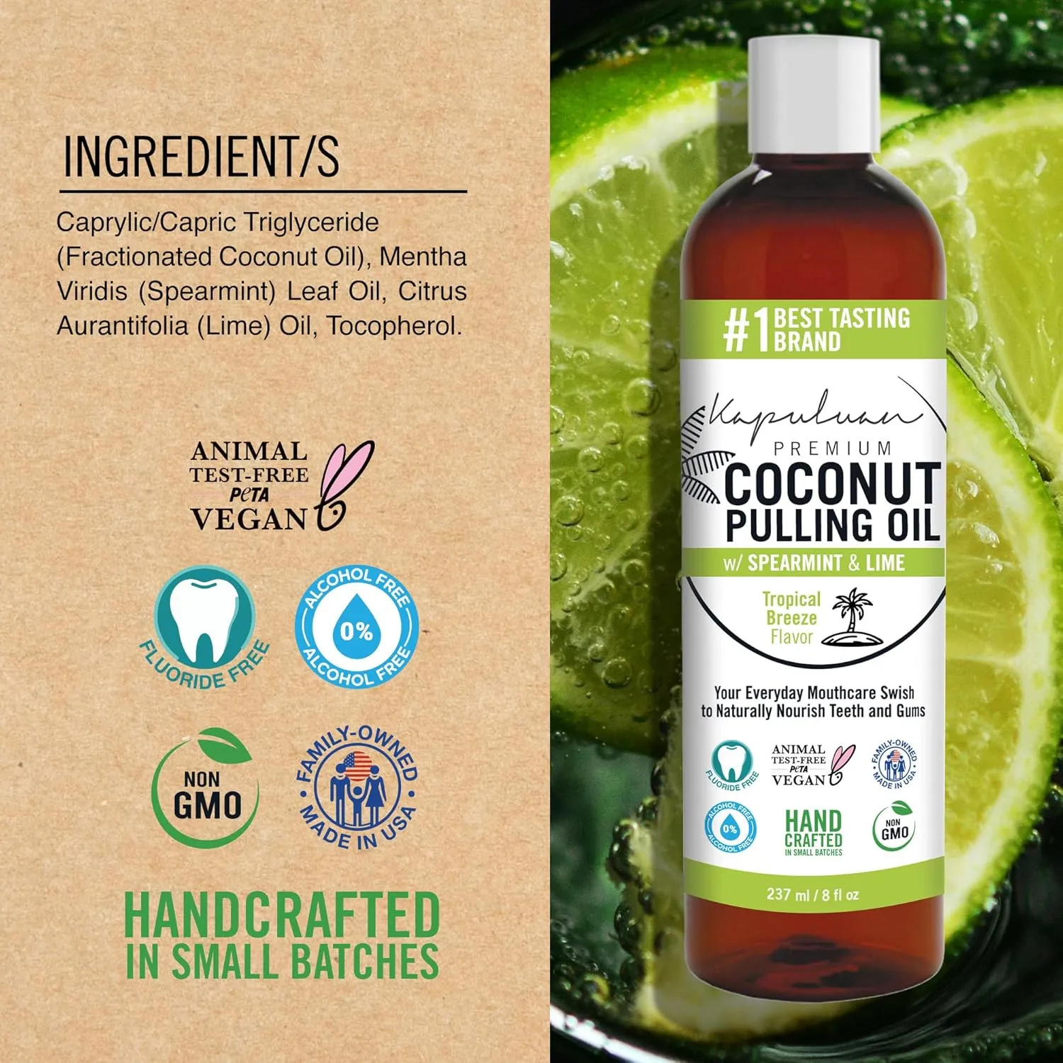 Coconut Oil Pulling for Teeth and Gums Mouthwash, 100% Pure and Natural, Non-GMO, Ayurvedic – Refreshing Spearmint and Lime Essential Oils
