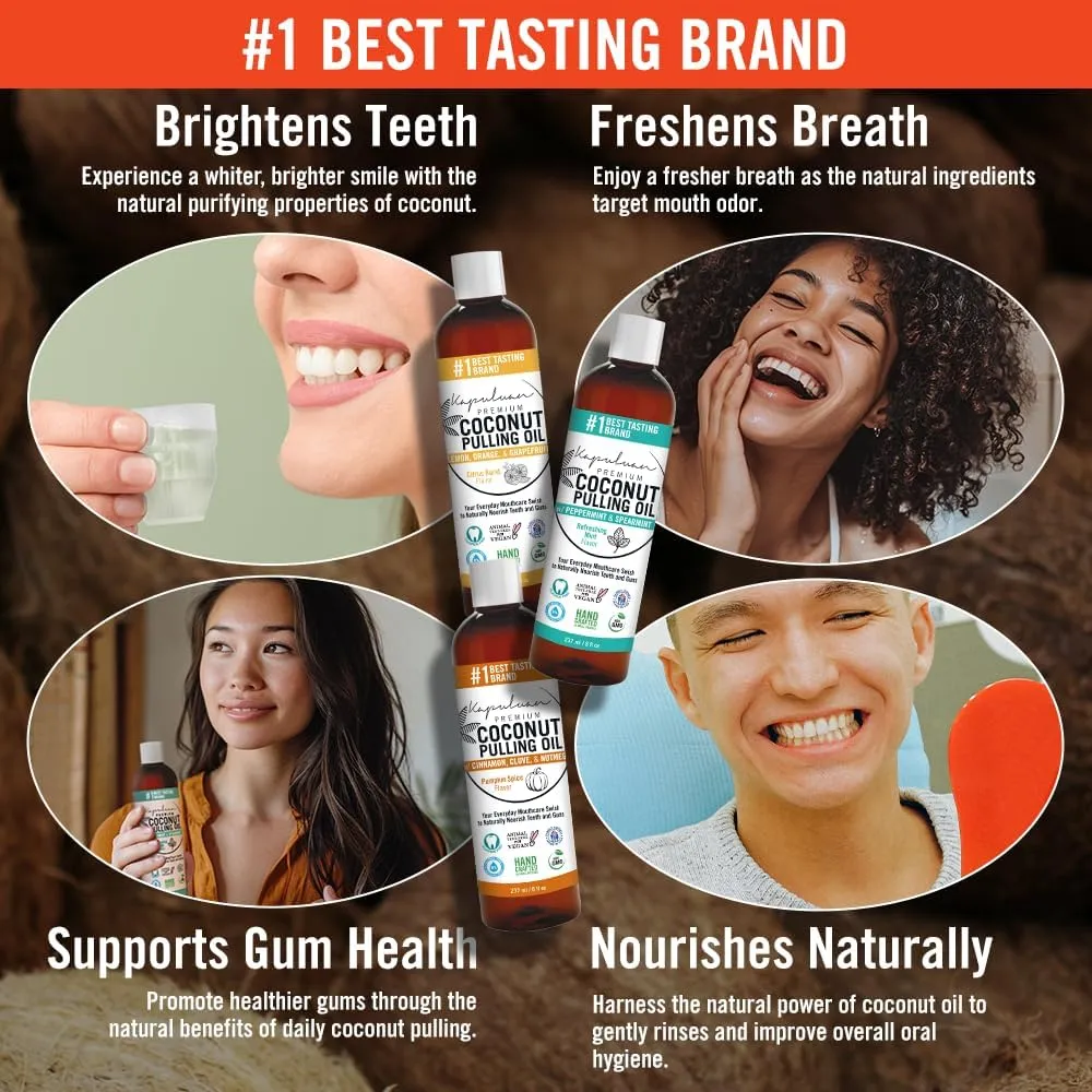 Coconut Oil Pulling for Teeth and Gums Mouthwash, 100% Pure and Natural, Non-GMO, Ayurvedic – Refreshing Spearmint and Lime Essential Oils