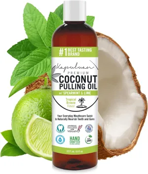Coconut Oil Pulling for Teeth and Gums Mouthwash, 100% Pure and Natural, Non-GMO, Ayurvedic – Refreshing Spearmint and Lime Essential Oils