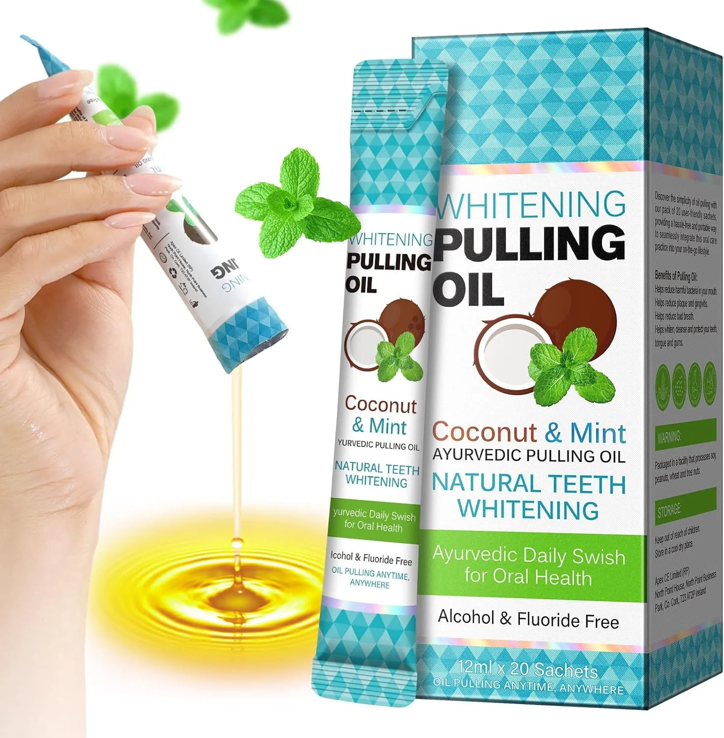 Coconut Oil Pulling for Teeth Whitening, Mouthwash Travel Size Portable 20Pack, Fresh Breather, Mild Mint Oil Pulling, Disposable Alcohol & Fluoride Free
