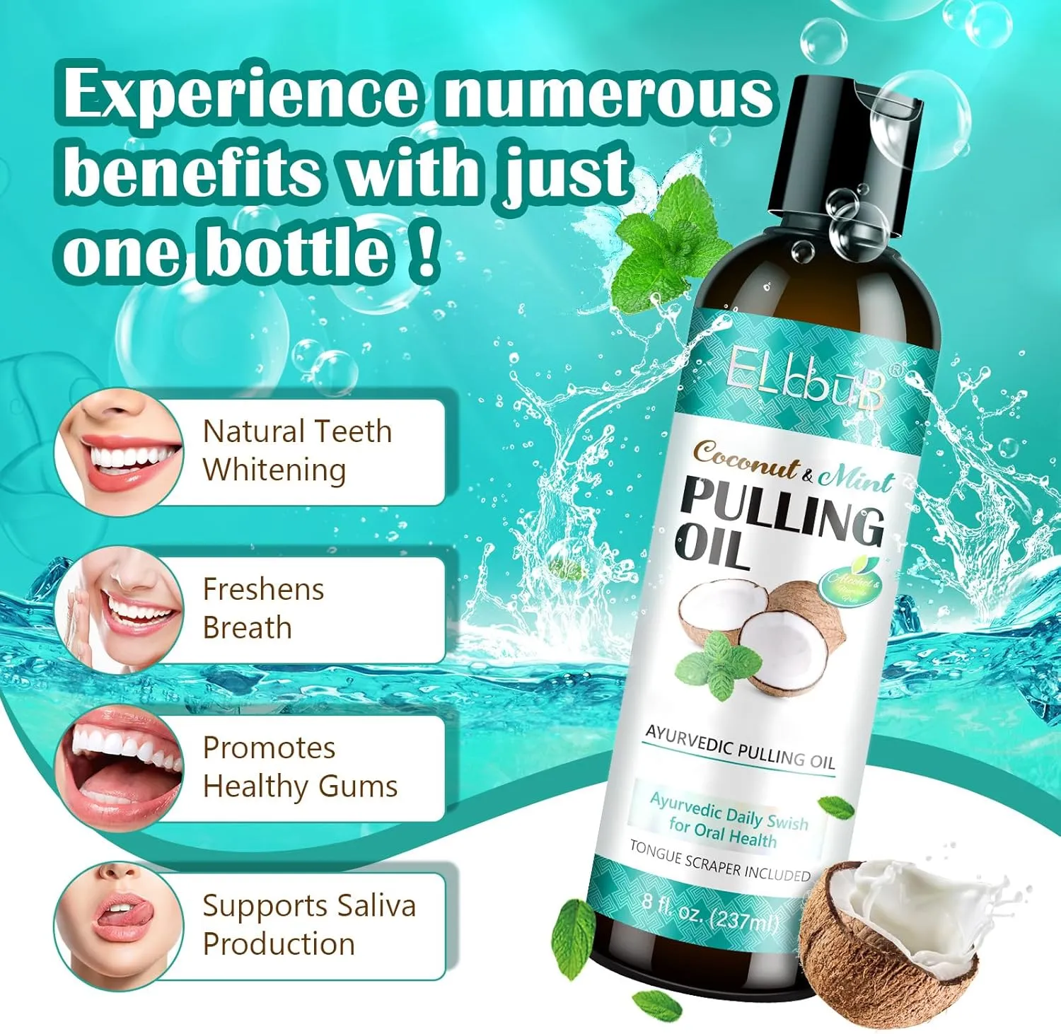 Coconut Pulling Oil - Ayurvedic Mint Oil Pulling Mouthwash with Tongue Scraper | Natural Essential Oils for Fresh Breath, Teeth Whitening & Healthy Gums | Alcohol-Free 8 Fl. Oz 2Pack
