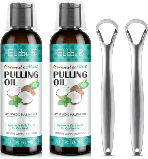 Coconut Pulling Oil - Ayurvedic Mint Oil Pulling Mouthwash with Tongue Scraper | Natural Essential Oils for Fresh Breath, Teeth Whitening & Healthy Gums | Alcohol-Free 8 Fl. Oz 2Pack