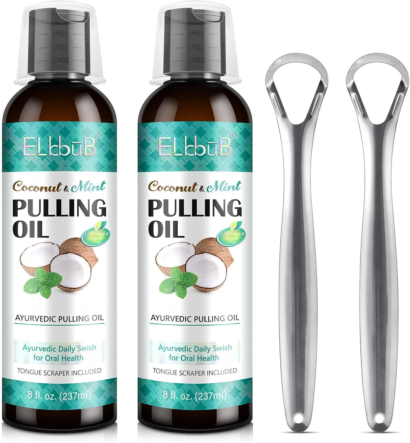 Coconut Pulling Oil - Ayurvedic Mint Oil Pulling Mouthwash with Tongue Scraper | Natural Essential Oils for Fresh Breath, Teeth Whitening & Healthy Gums | Alcohol-Free 8 Fl. Oz 2Pack