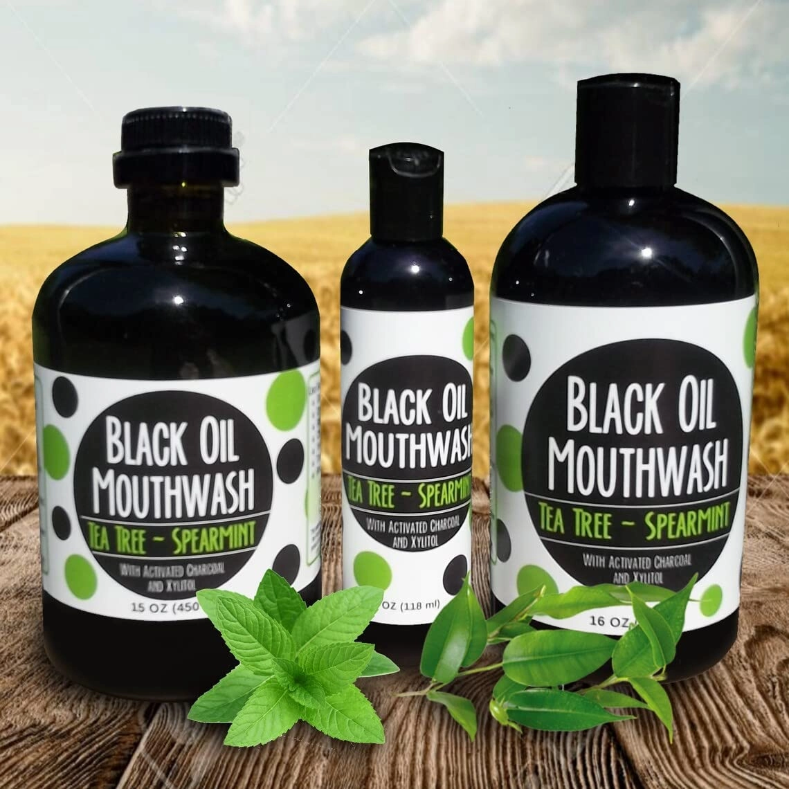 Coconut/Avocado/Sesame Black Oil Mouthwash, Sweet & Delicious, with Charcoal & Xylitol for Oil Pulling, 15 oz Black Oil Mouthwash Glass Bottle (Tea Tree - Spearmint)